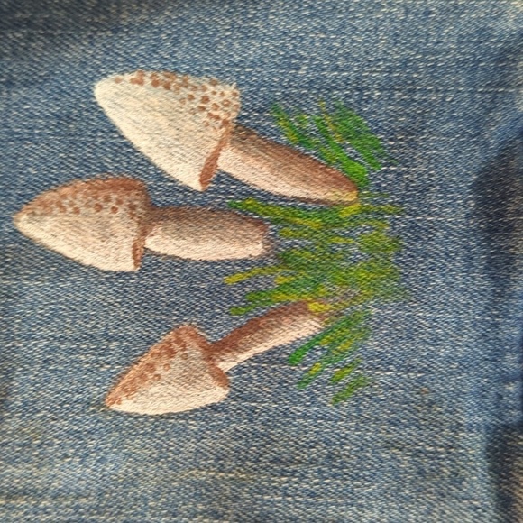 Hand painted Indie mushrooms fairy core nature scene unique cropped jean jacket - Picture 6 of 9